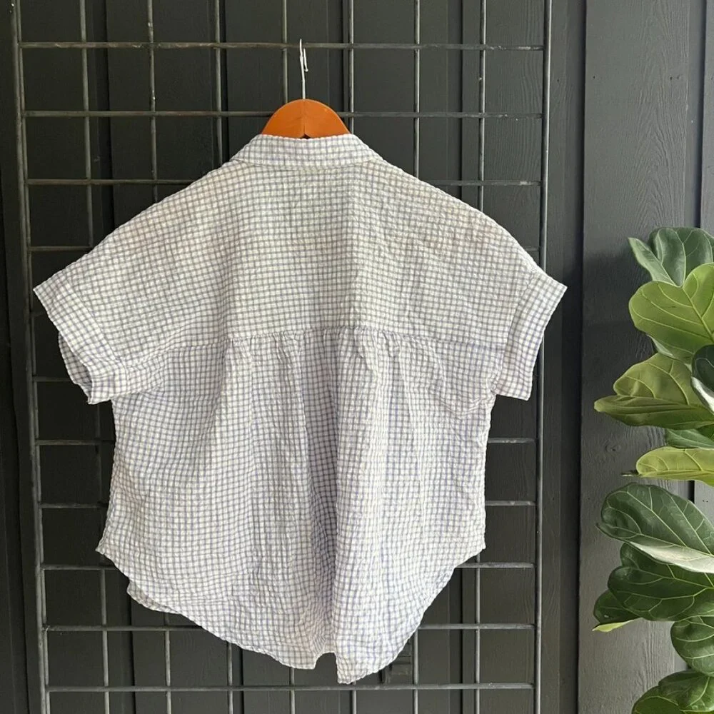 XXS - Madewell - Short Sleeve Button Down - Checkered/Plaid - White/Blue - Picture 4 of 5